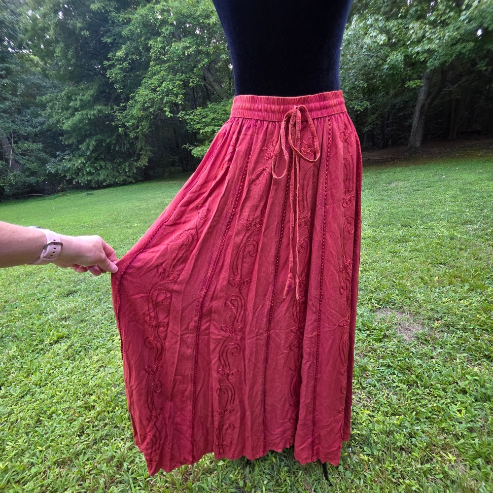 CATALOG CLASSICS Women's M Rust Red Embroidered Boho Maxi Skirt Peasant Festival